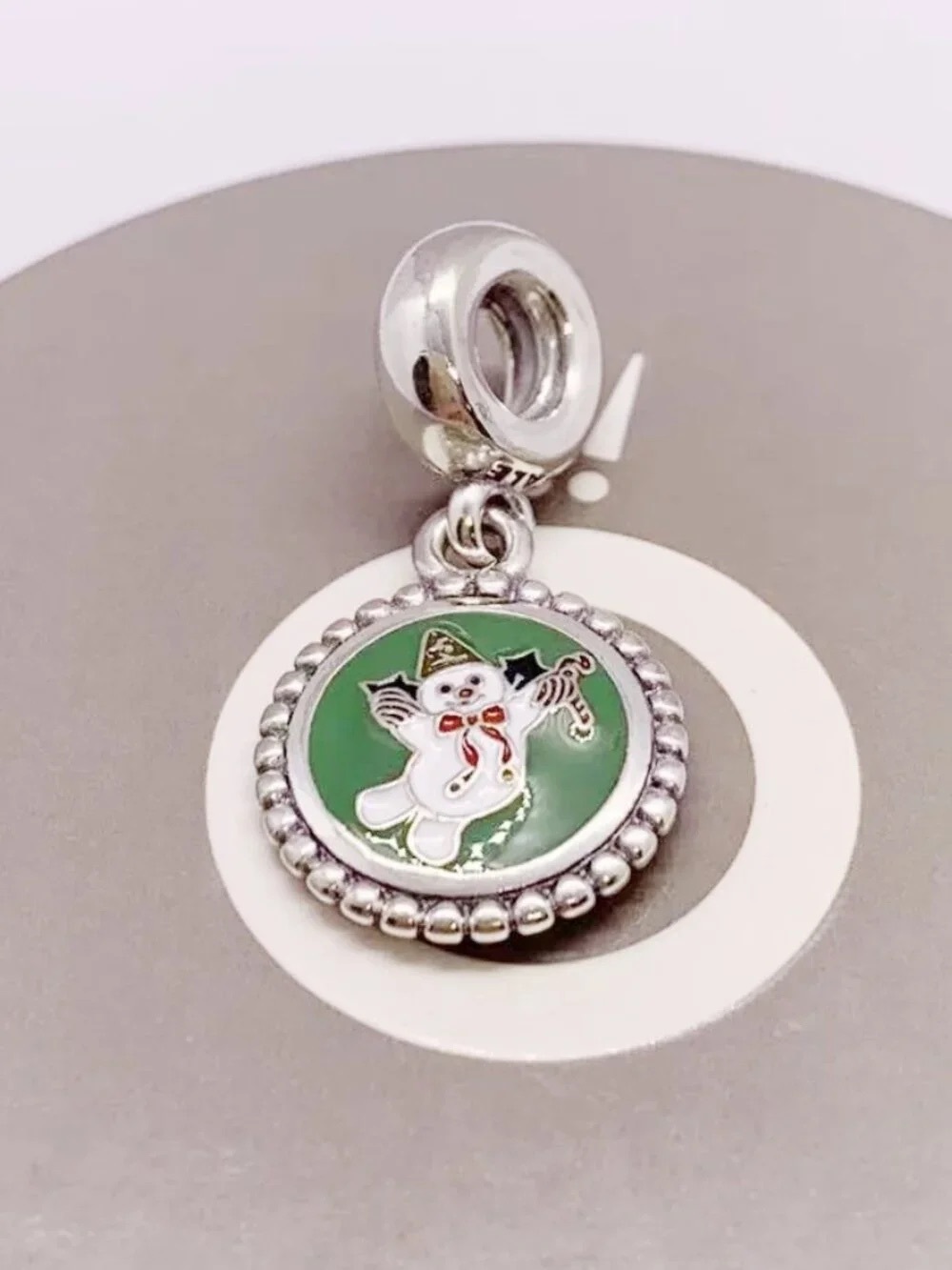 Pandora Silver Green Enamel Snowman Dangle Charm with Red Accents